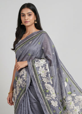 Grey Handloom Kantha Stitch Pure Silk Saree With Blouse Piece