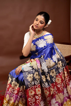 Multicolor Handloom Kantha Stitch Pure Silk Saree With Blouse Piece