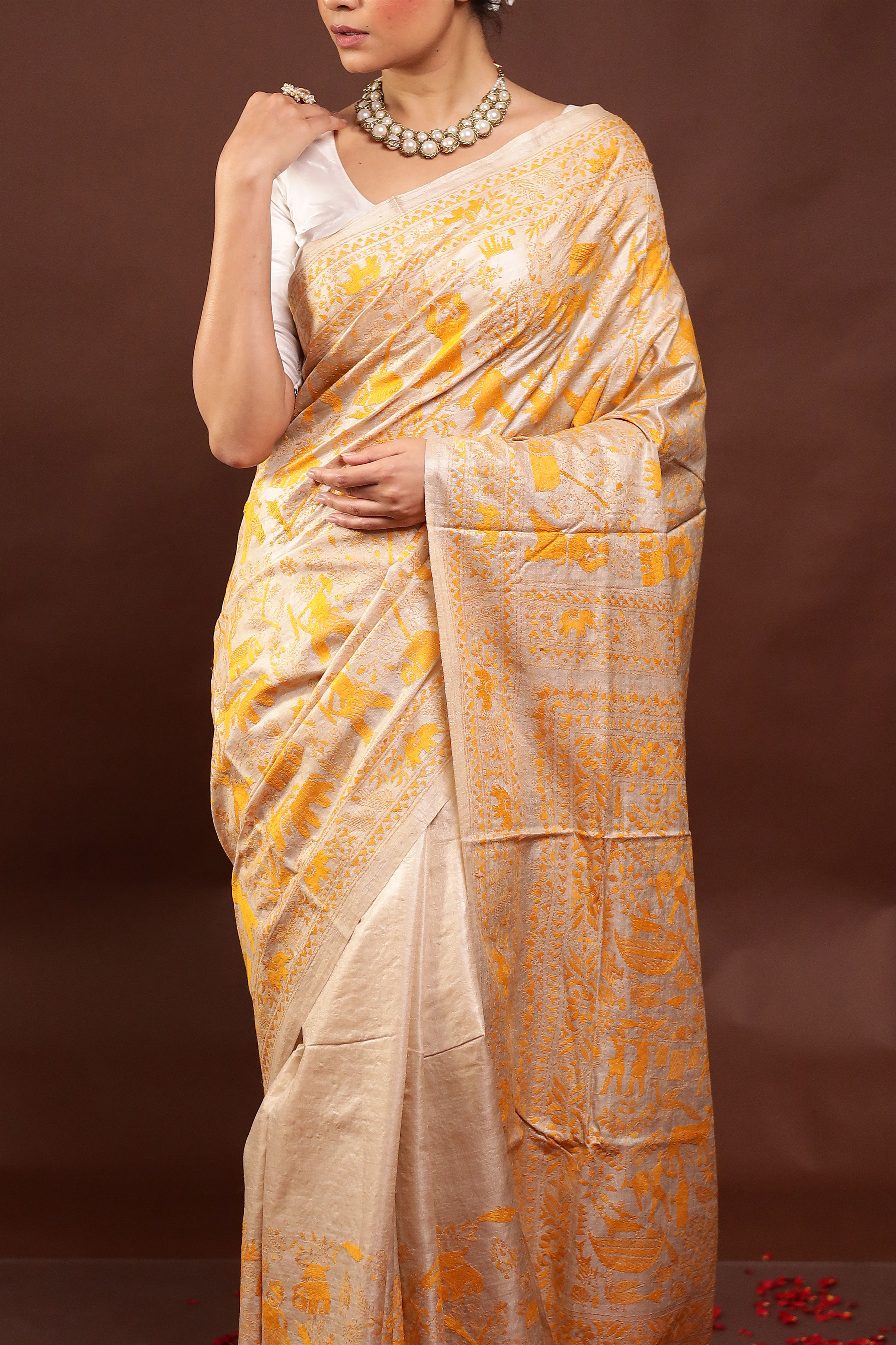 Cream Handloom Kantha Stitch Pure Silk Saree With Blouse Piece