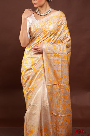 Cream Handloom Kantha Stitch Pure Silk Saree With Blouse Piece