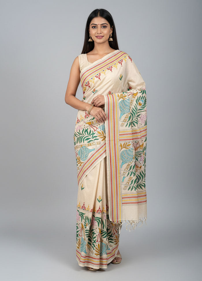 Cream Handloom Kantha Stitch Pure Silk Saree With Blouse Piece