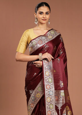 Maroon Banarasi Silk Saree With Blouse Piece