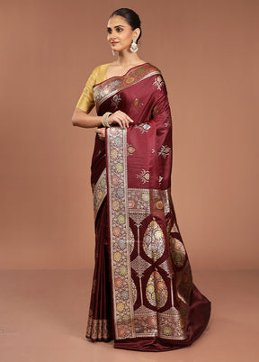 Maroon Banarasi Silk Saree With Blouse Piece