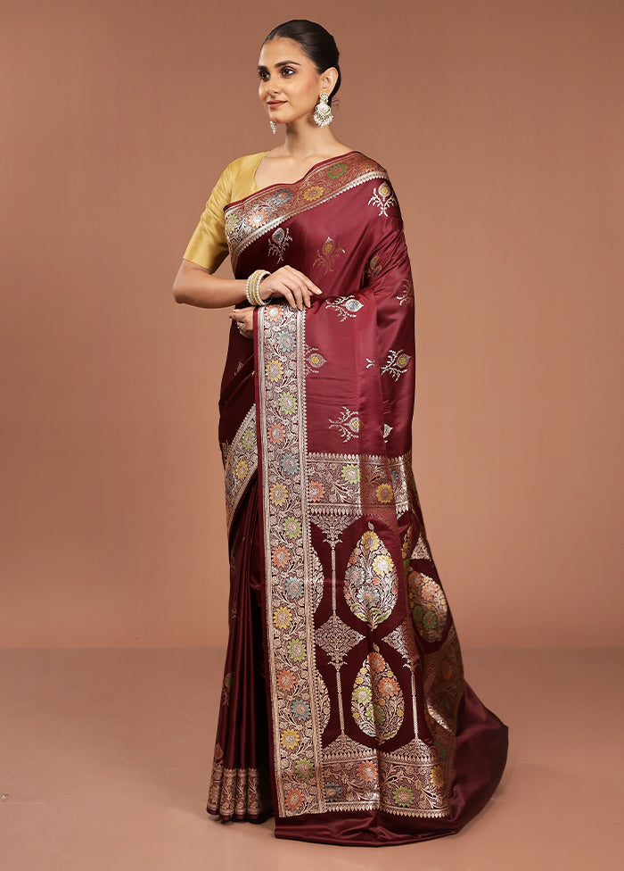 Maroon Banarasi Silk Saree With Blouse Piece