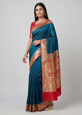 Blue Banarasi Silk Saree With Blouse Piece