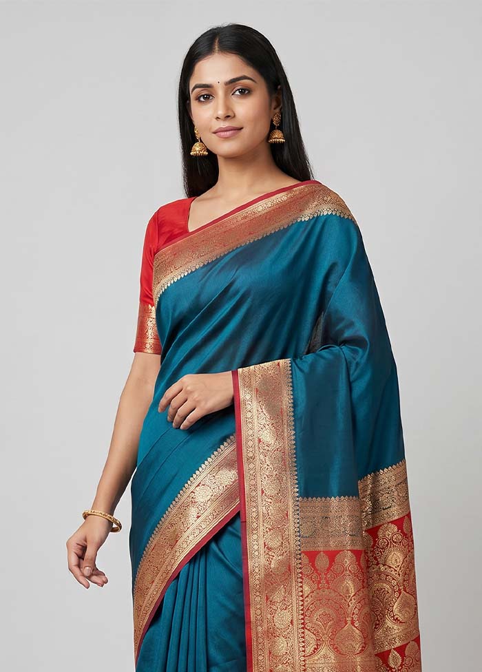 Blue Banarasi Silk Saree With Blouse Piece