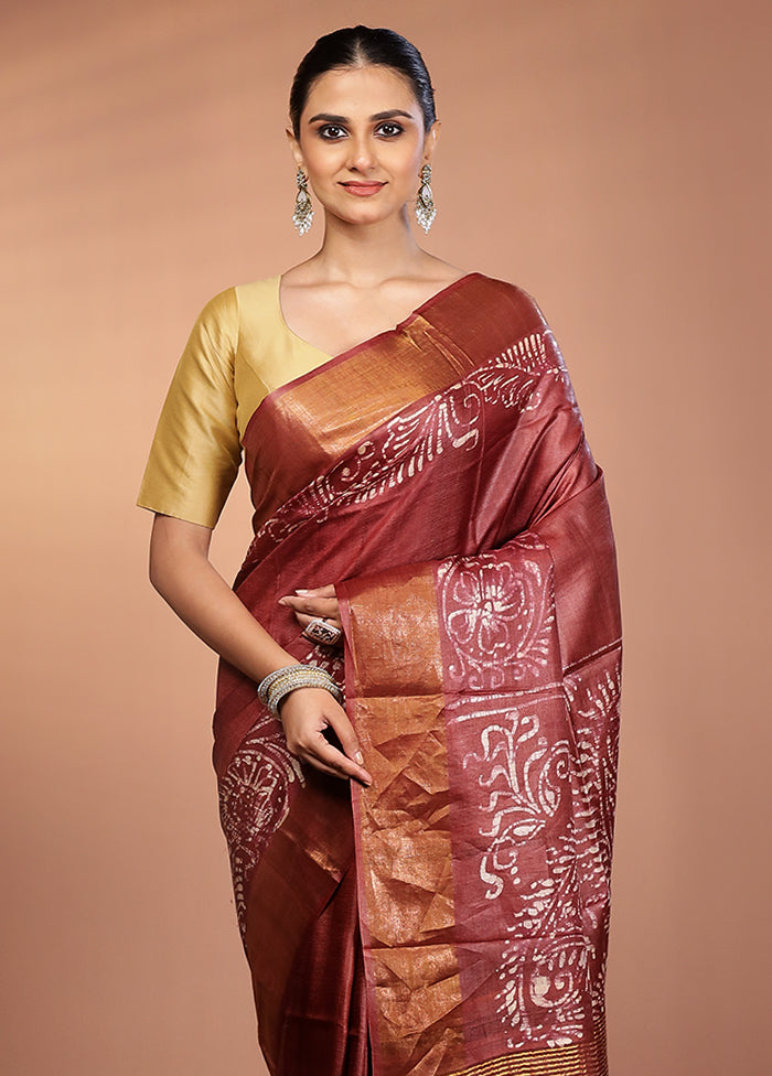 Maroon Handloom Tussar Pure Silk Saree With Blouse Piece