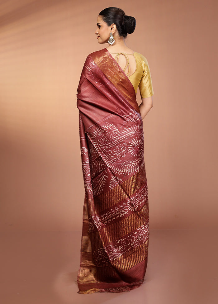 Maroon Handloom Tussar Pure Silk Saree With Blouse Piece