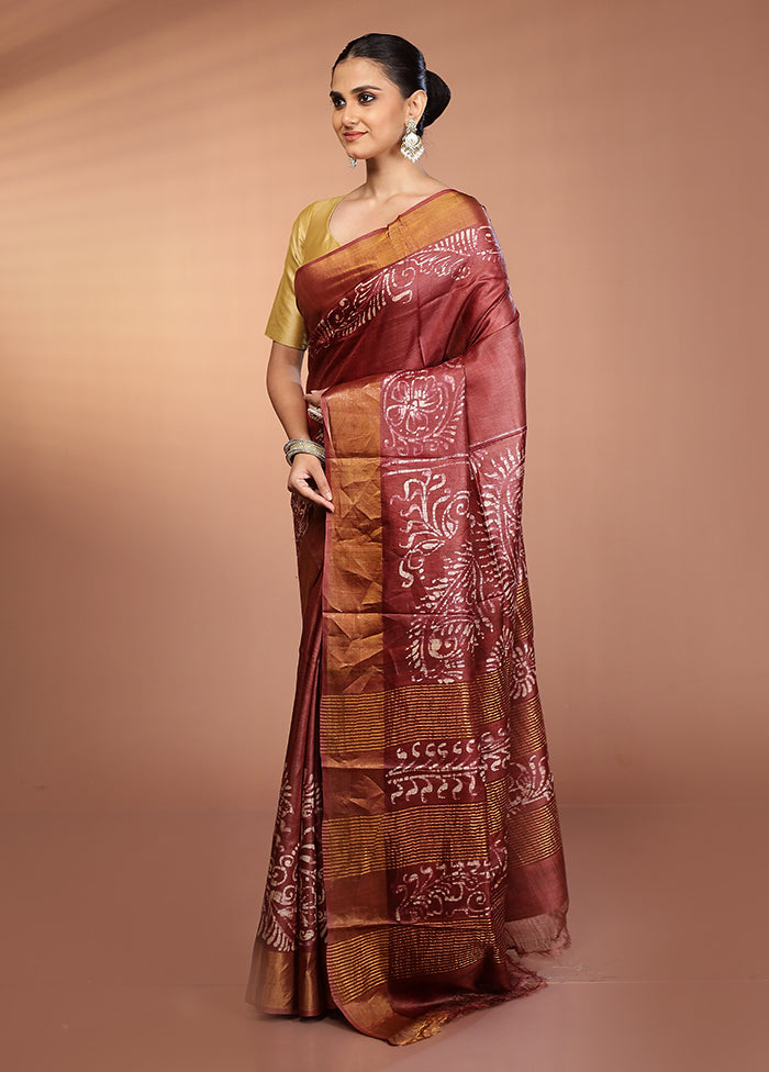 Maroon Handloom Tussar Pure Silk Saree With Blouse Piece