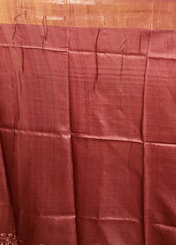 Maroon Handloom Tussar Pure Silk Saree With Blouse Piece