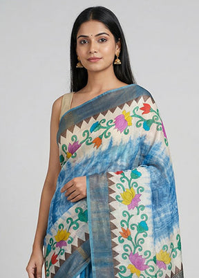 Blue Handloom Tussar Pure Silk Saree With Blouse Piece
