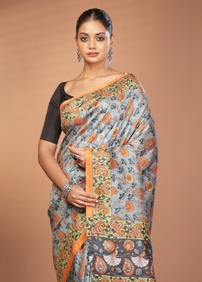 Blue Printed Silk Saree Without Blouse Piece
