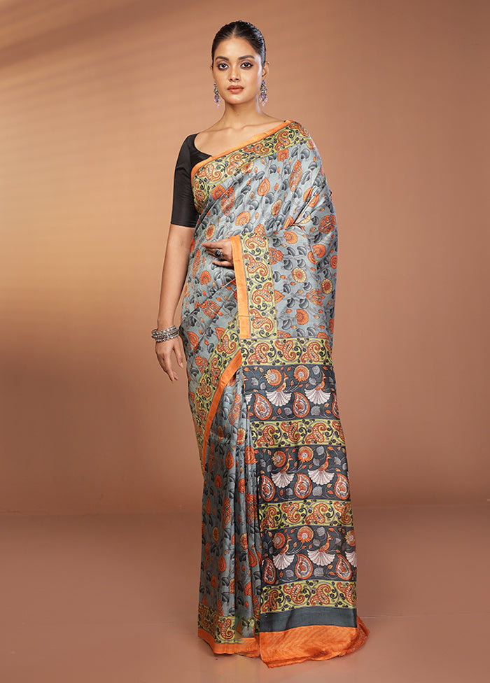 Blue Printed Silk Saree Without Blouse Piece