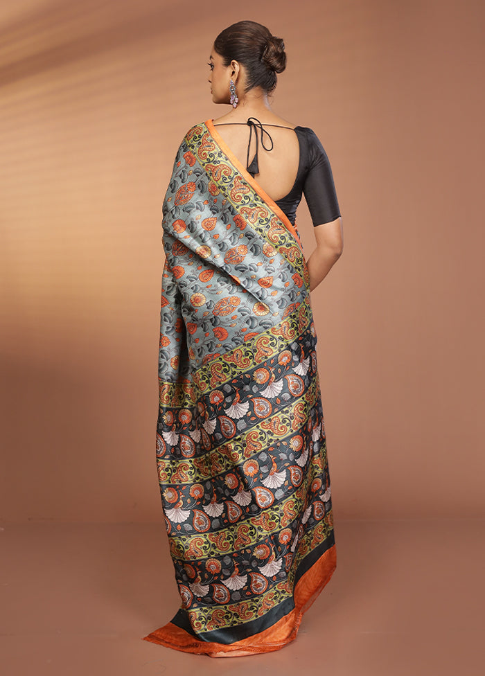 Blue Printed Silk Saree Without Blouse Piece