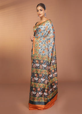 Blue Printed Silk Saree Without Blouse Piece
