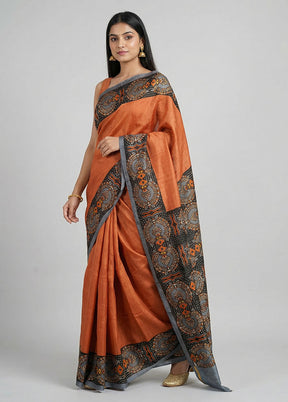 Rust Printed Pure Silk Saree Without Blouse Piece