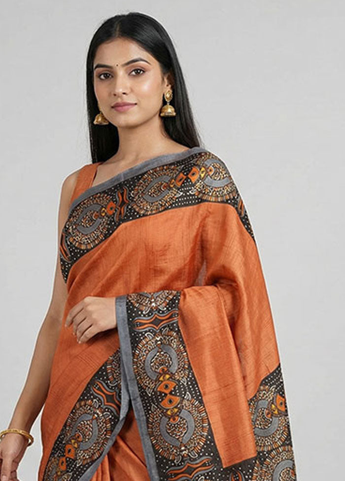 Rust Printed Pure Silk Saree Without Blouse Piece