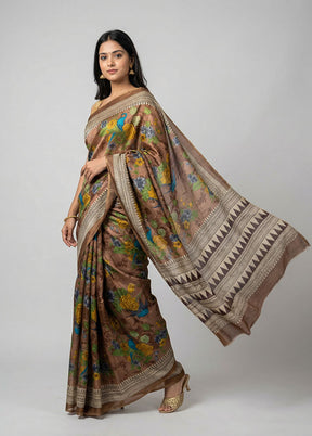 Rust Printed Silk Saree Without Blouse Piece