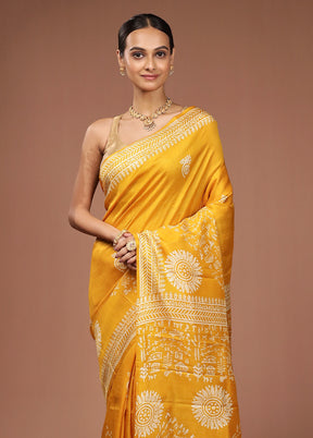 Yellow Printed Pure Silk Saree Without Blouse Piece