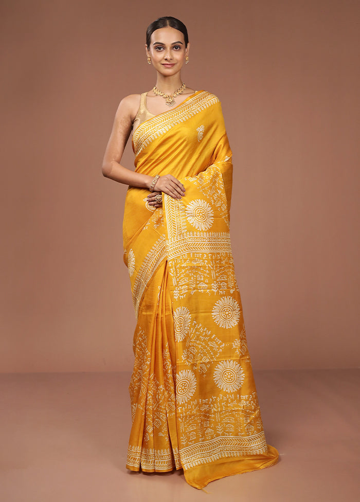 Yellow Printed Pure Silk Saree Without Blouse Piece