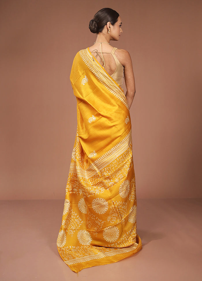 Yellow Printed Pure Silk Saree Without Blouse Piece