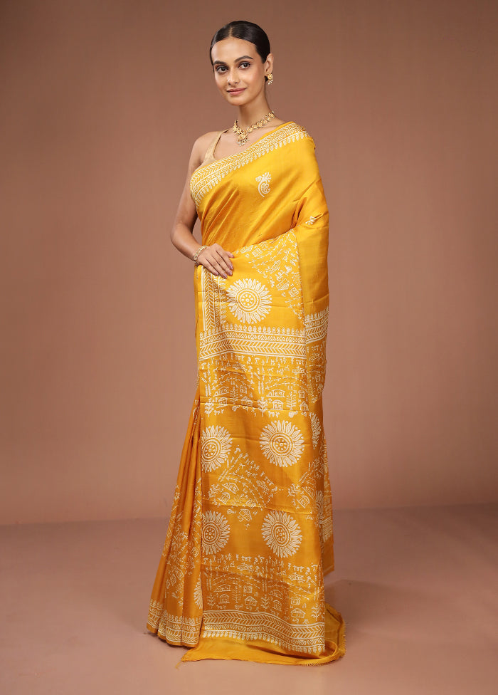 Yellow Printed Pure Silk Saree Without Blouse Piece