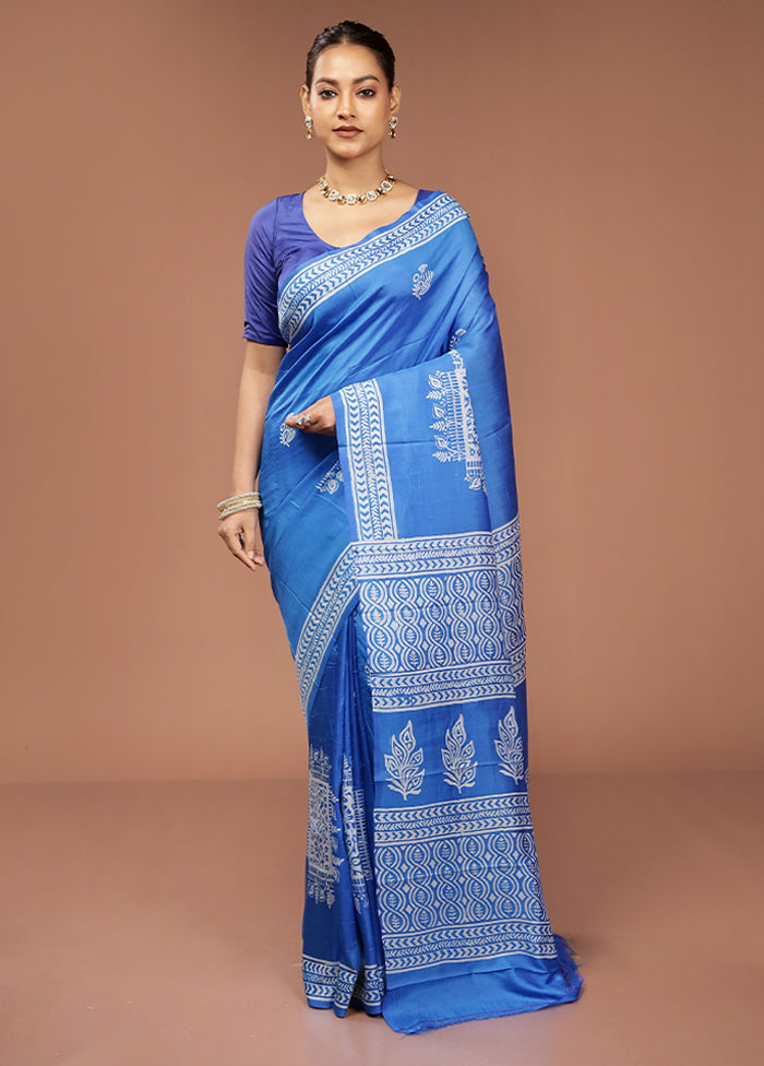 Blue Printed Pure Silk Saree Without Blouse Piece