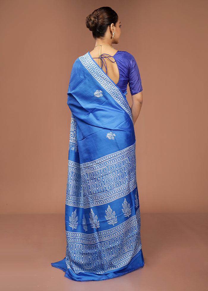 Blue Printed Pure Silk Saree Without Blouse Piece