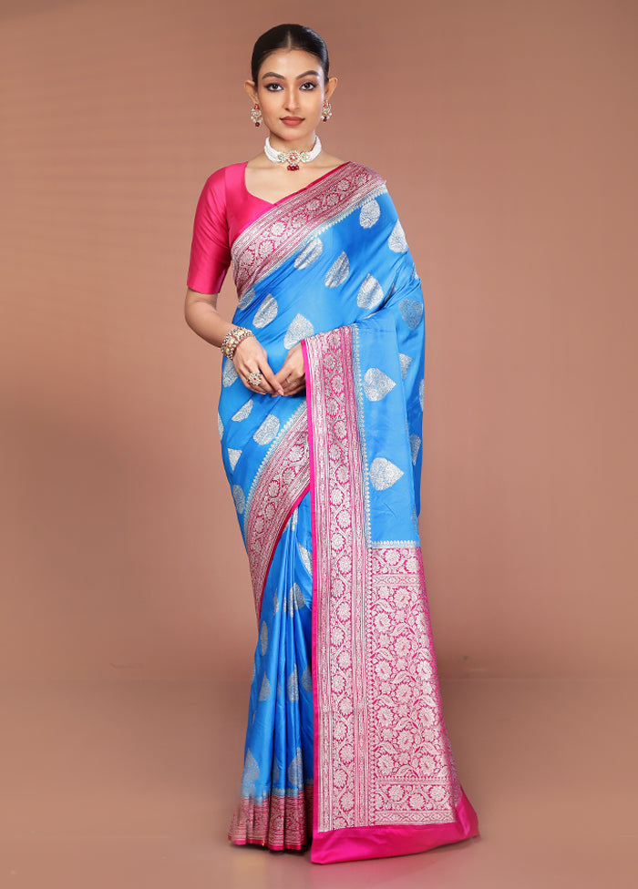 Blue Katan Silk Saree With Blouse Piece