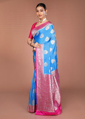 Blue Katan Silk Saree With Blouse Piece