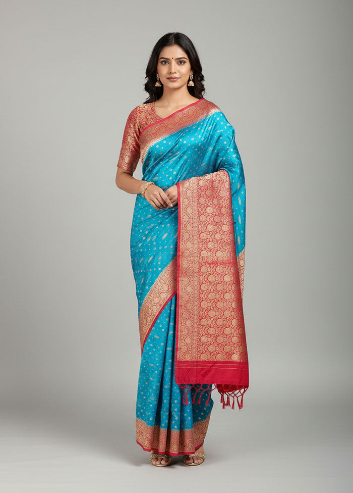 Blue Katan Silk Saree With Blouse Piece