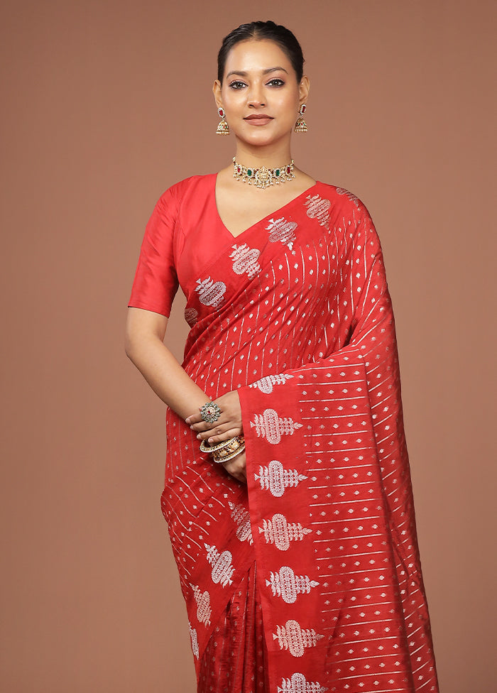 Red Dupion Silk Saree With Blouse Piece