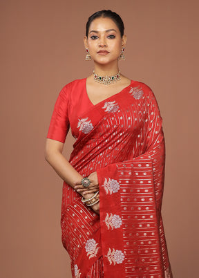 Red Dupion Silk Saree With Blouse Piece