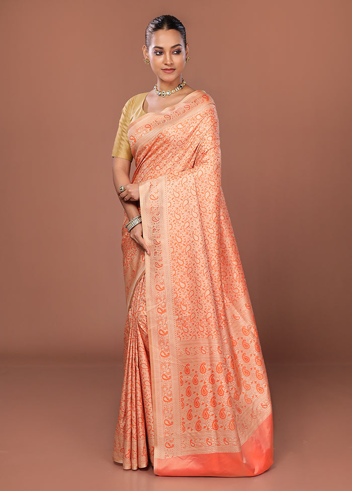Peach Jamewar Silk Saree With Blouse Piece