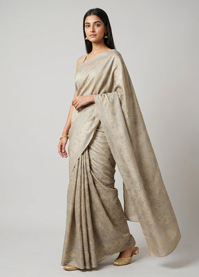 Cream Jamewar Silk Saree With Blouse Piece