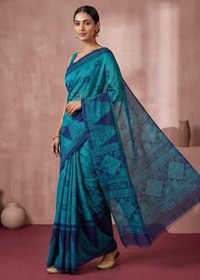Blue Printed Pure Silk Saree Without Blouse Piece