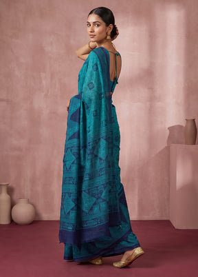 Blue Printed Pure Silk Saree Without Blouse Piece