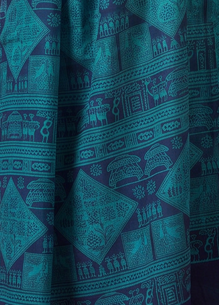 Blue Printed Pure Silk Saree Without Blouse Piece