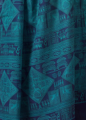 Blue Printed Pure Silk Saree Without Blouse Piece