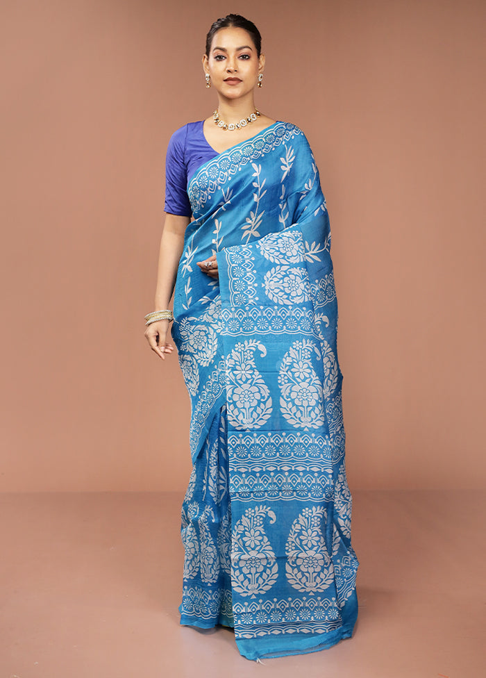 Blue Printed Pure Silk Saree Without Blouse Piece