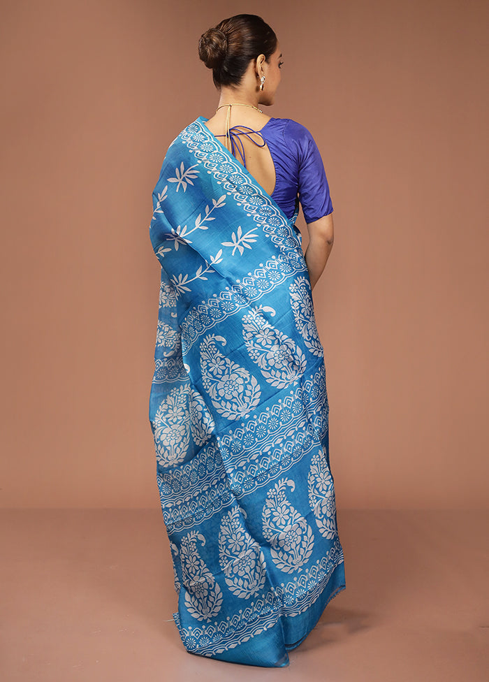 Blue Printed Pure Silk Saree Without Blouse Piece