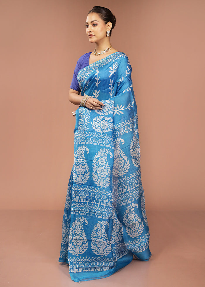 Blue Printed Pure Silk Saree Without Blouse Piece