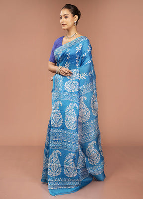Blue Printed Pure Silk Saree Without Blouse Piece