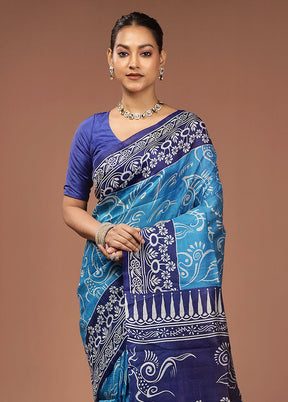 Blue Printed Silk Saree Without Blouse Piece
