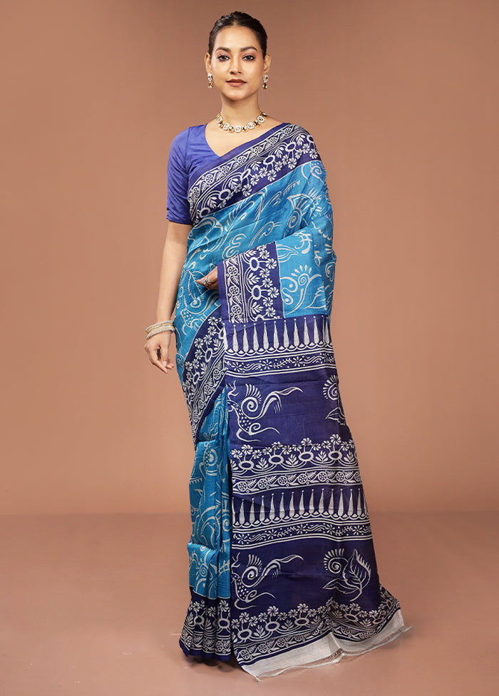Blue Printed Silk Saree Without Blouse Piece