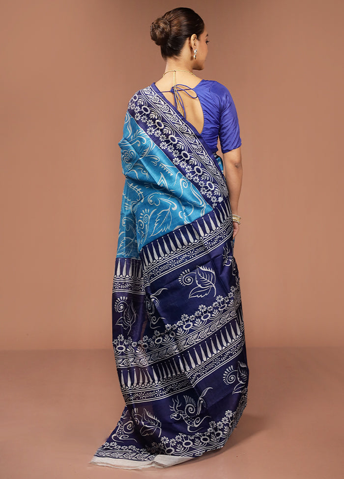 Blue Printed Silk Saree Without Blouse Piece