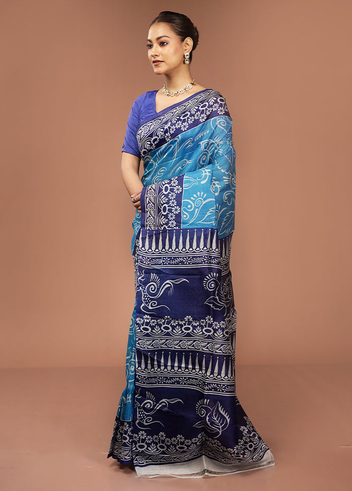 Blue Printed Silk Saree Without Blouse Piece