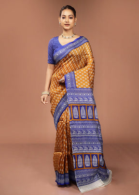 Yellow Printed Pure Silk Saree Without Blouse Piece
