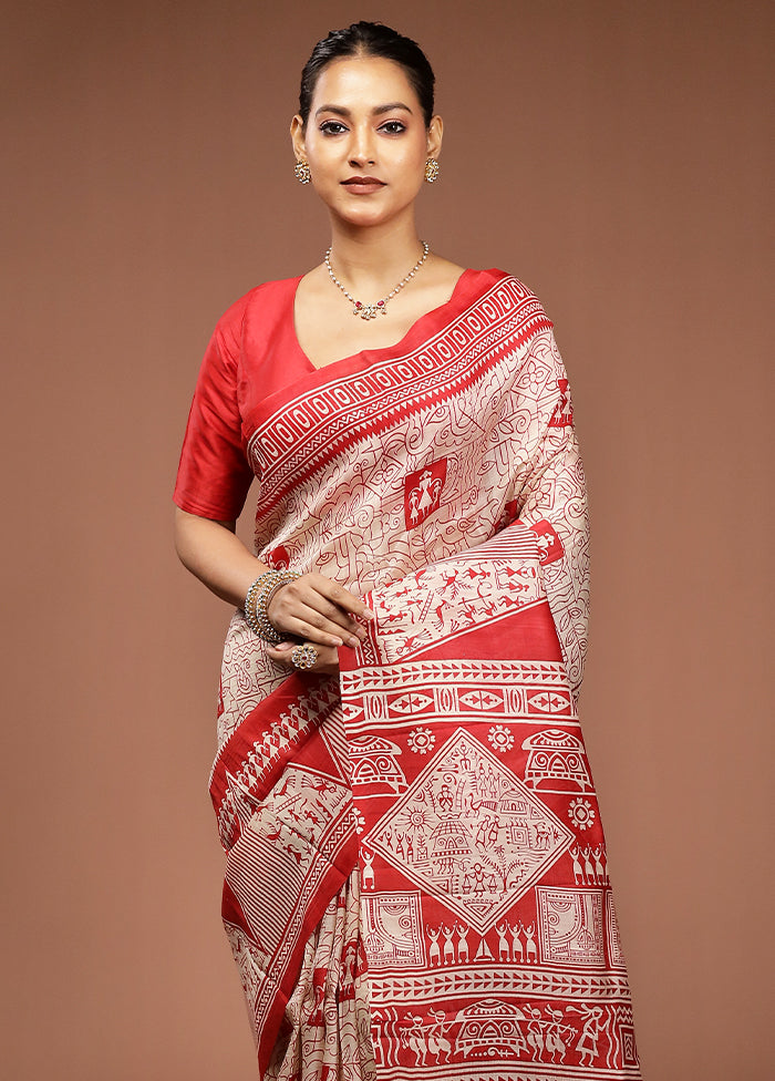 Red Printed Pure Silk Saree Without Blouse Piece