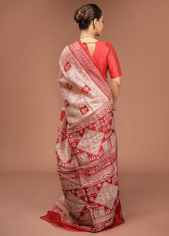 Red Printed Pure Silk Saree Without Blouse Piece